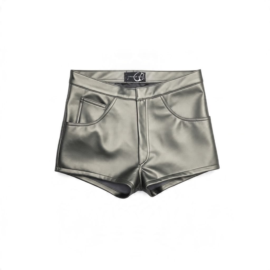iridescent khaki leather short